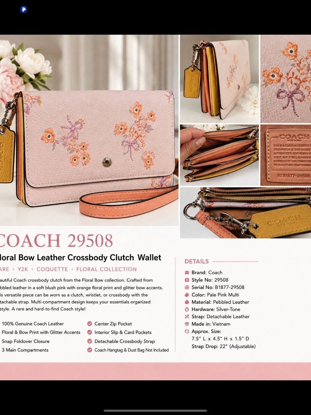 Coach Pale Pink Multi Floral Bow Leather Crossbody Clutch